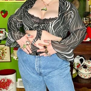 Y2k Whimsygoth Black & White Sheer Mesh Bell Flare Sleeve Crop Top 2 Piece Set